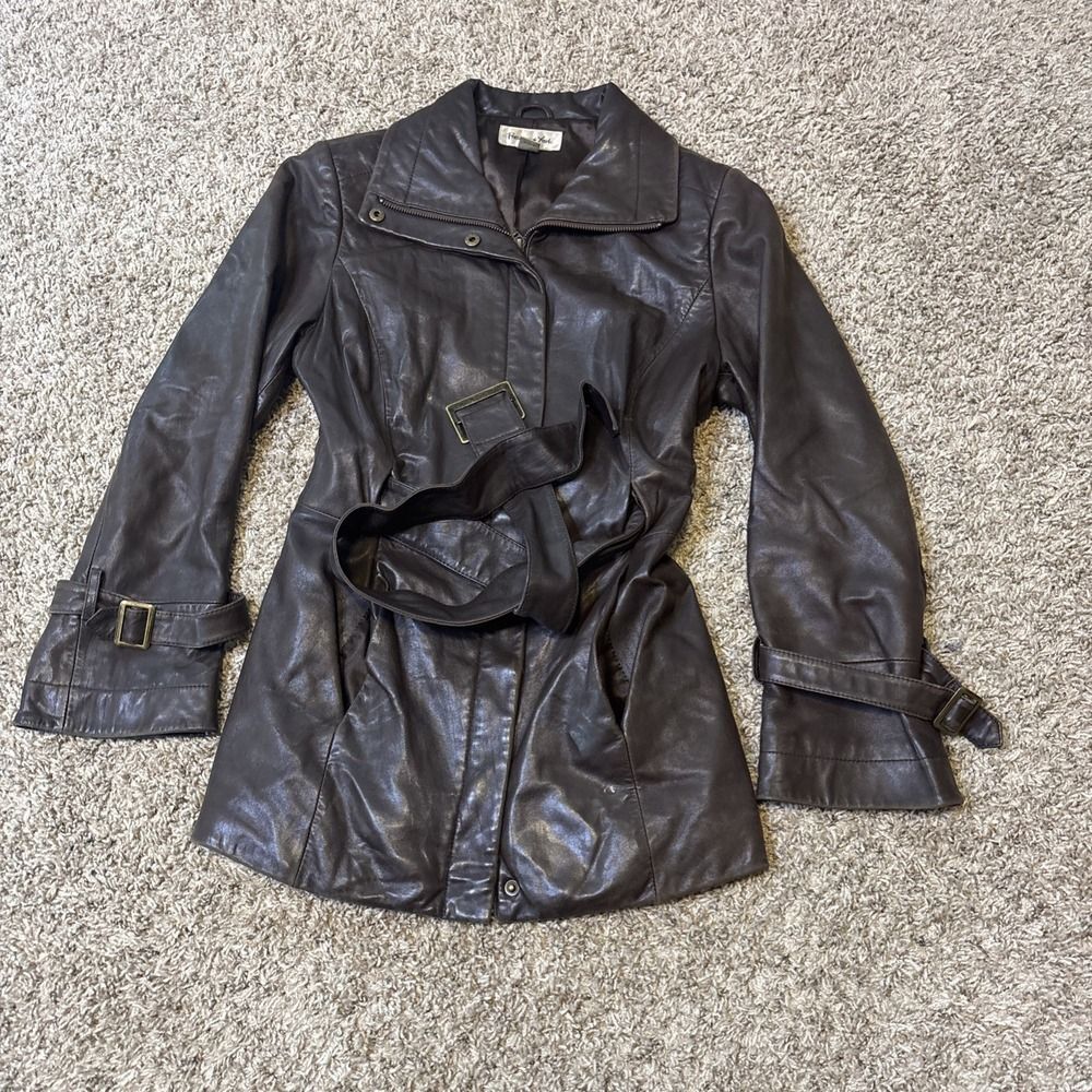 Y2K Preston & York Leather Jacket Womens S Brown Lambskin Full Zip Lined Belted